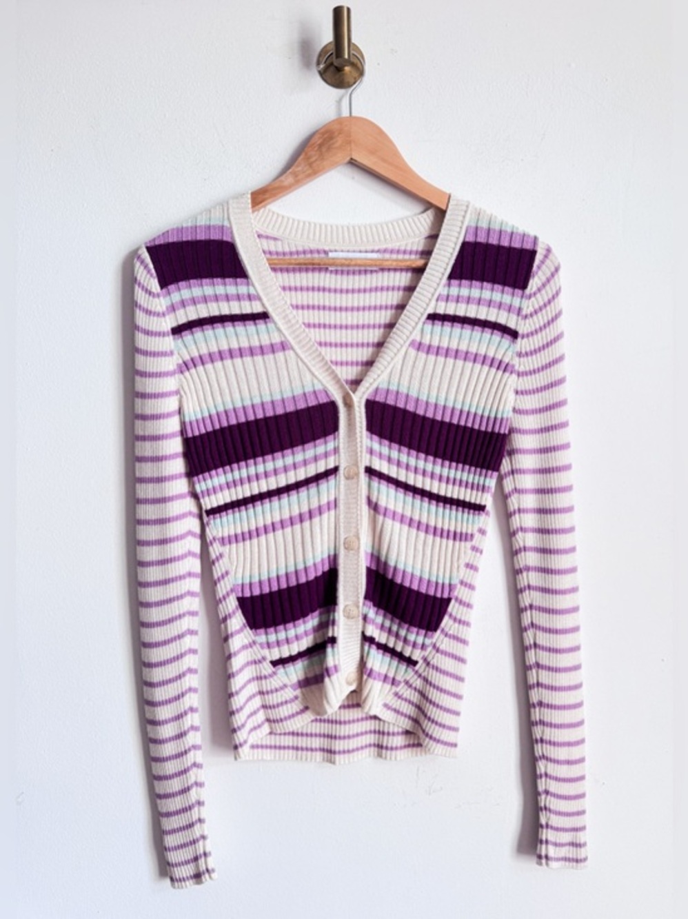 NAADAM Silk Cashmere Striped Ribbed Cardigan Lilac Combo M $345